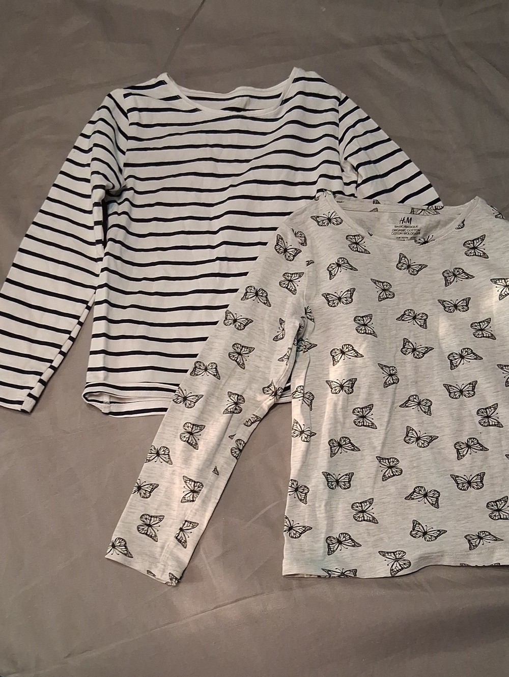 H&M Kids Long-Sleeve Tops - White/Navy Stripe & Light Gray Butterfly